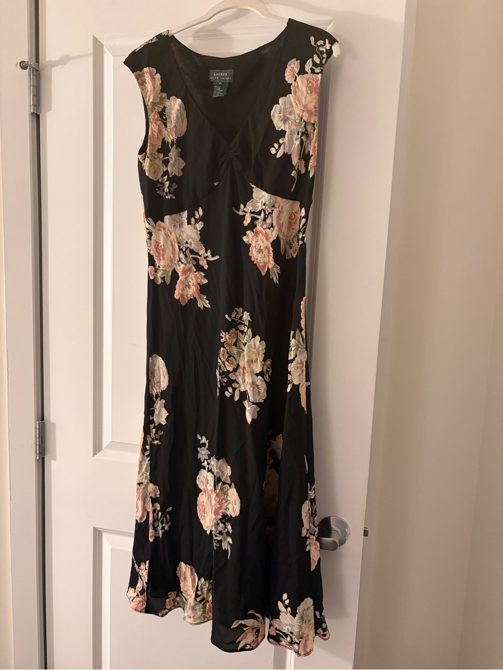 Lauren Ralph Lauren Black Floral V-Neck Midi Dress with Pink & Cream Blooms